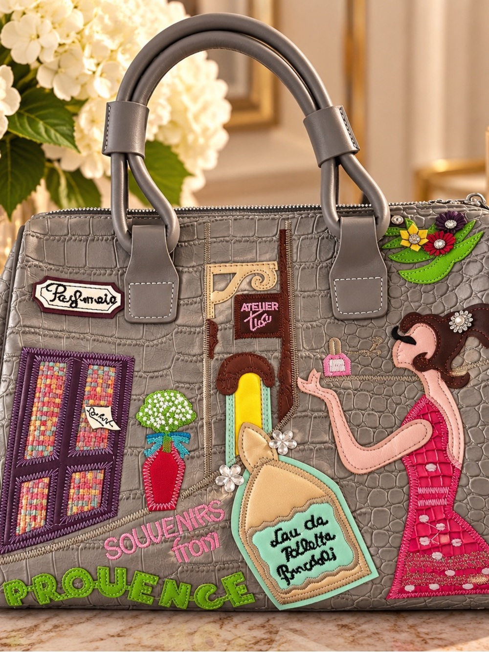 Gray Embossed Appliqué Satchel Handbag